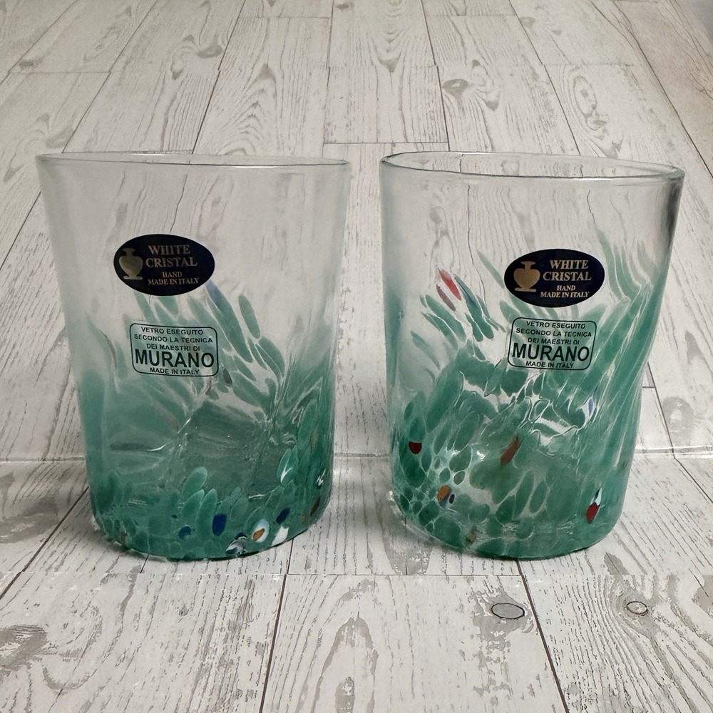 2‎ New Murano White Cristal Crystal Confetti Art Glass Tumblers Italy Italian